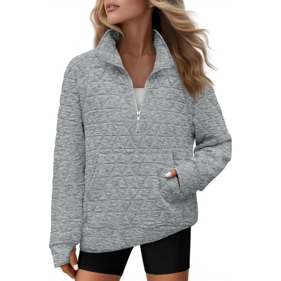 Women's Quilted Long Sleeve Zip Pullover Casual Lightweight Sweatshirt
